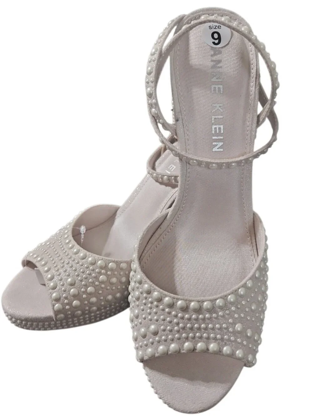 Anne Klein Vanna-P Pearl Embellished Platform Block Heel Sandals Size 9 New